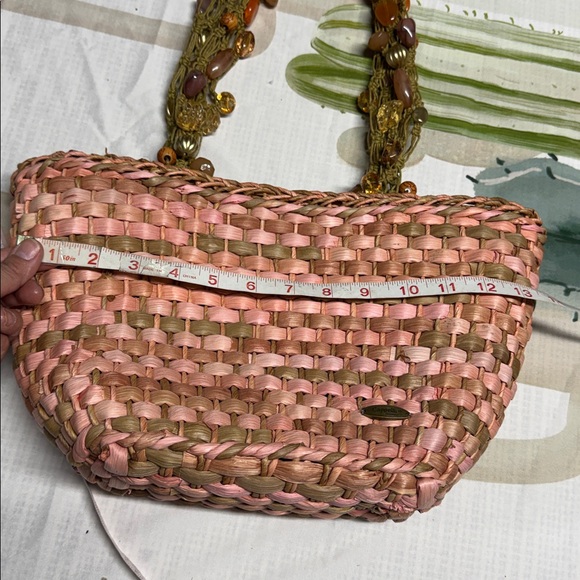 Cappelli Straworld woven straw tote bag with beaded handles Pink medium Y2K - Picture 8 of 8